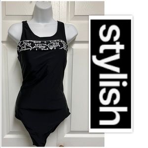 Stylish Black And White One Piece Bathing Suit